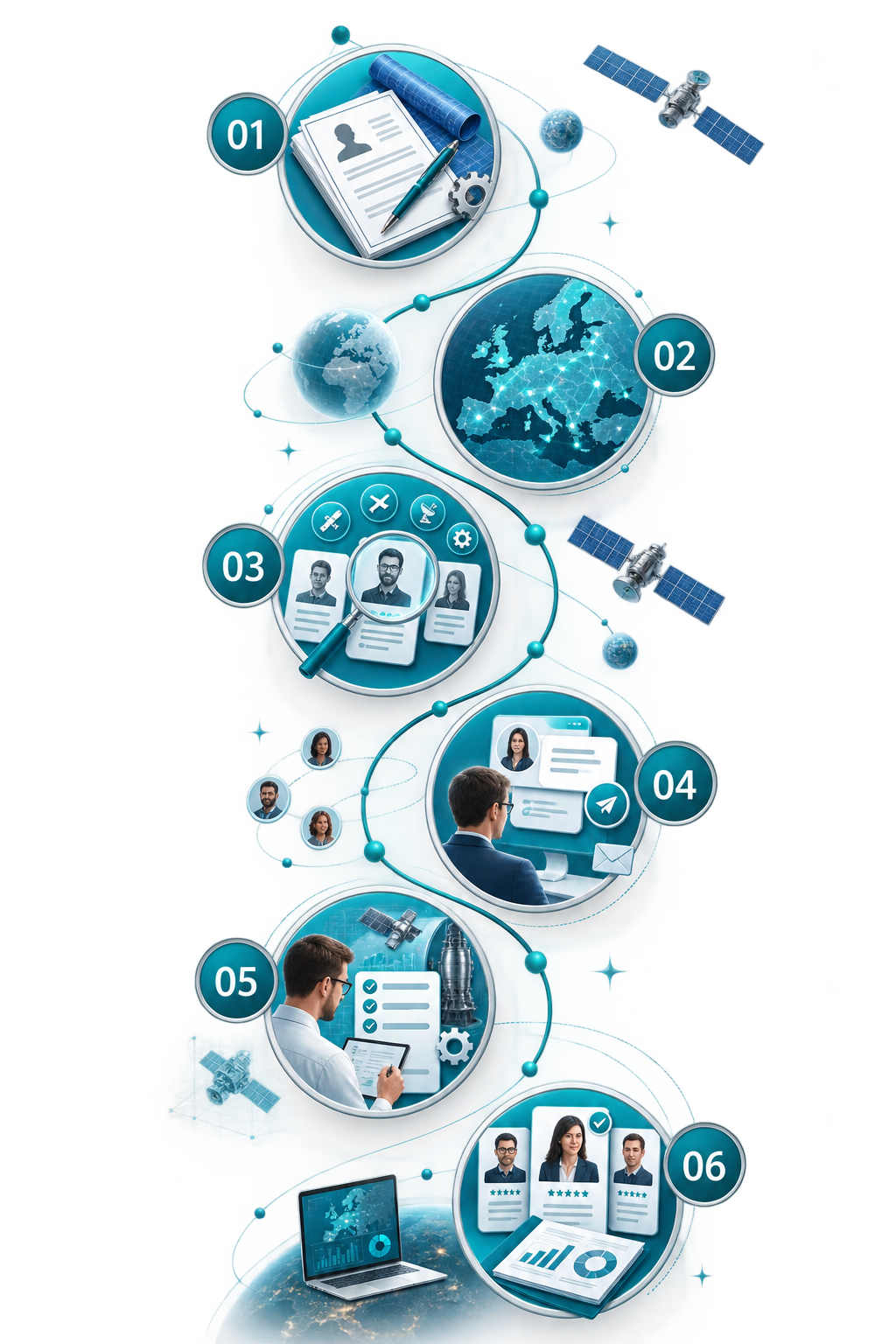 The six stages of our Space headhunting process: role definition, market mapping, direct search, targeted outreach, screening and qualification, and the final shortlist with reporting.